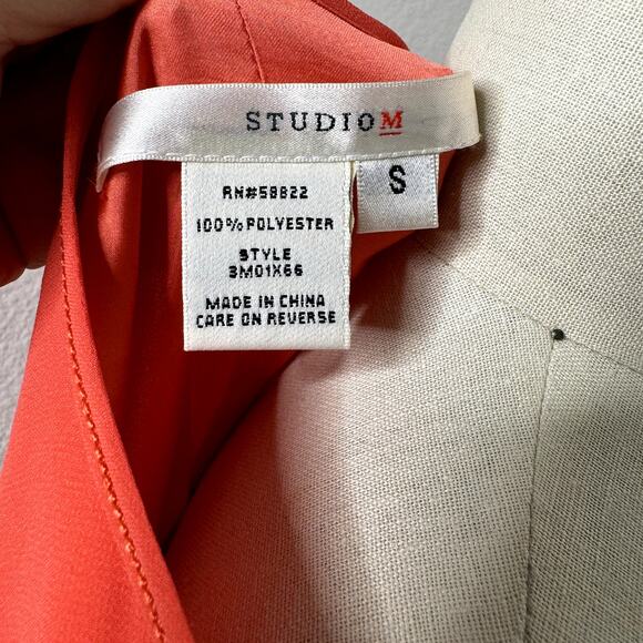 Studio M Dress Coral Orange Belted Long Sheer Sleeve Pleated Womens Size Small - Picture 8 of 13
